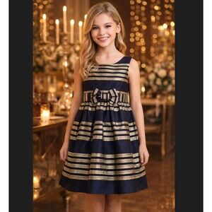 Lilly Pulitzer Little Liney Dress Girls 12 Navy Gold Stripe Bow Metallic Party